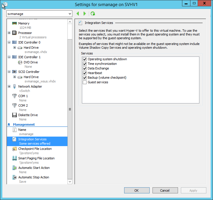 VM Settings: Integration Services
