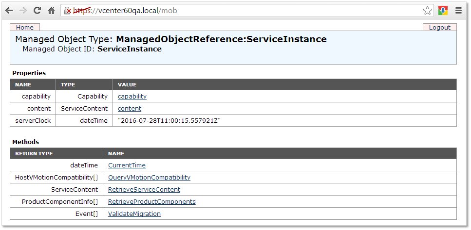 Figure 2 - MOB for a vCenter Server