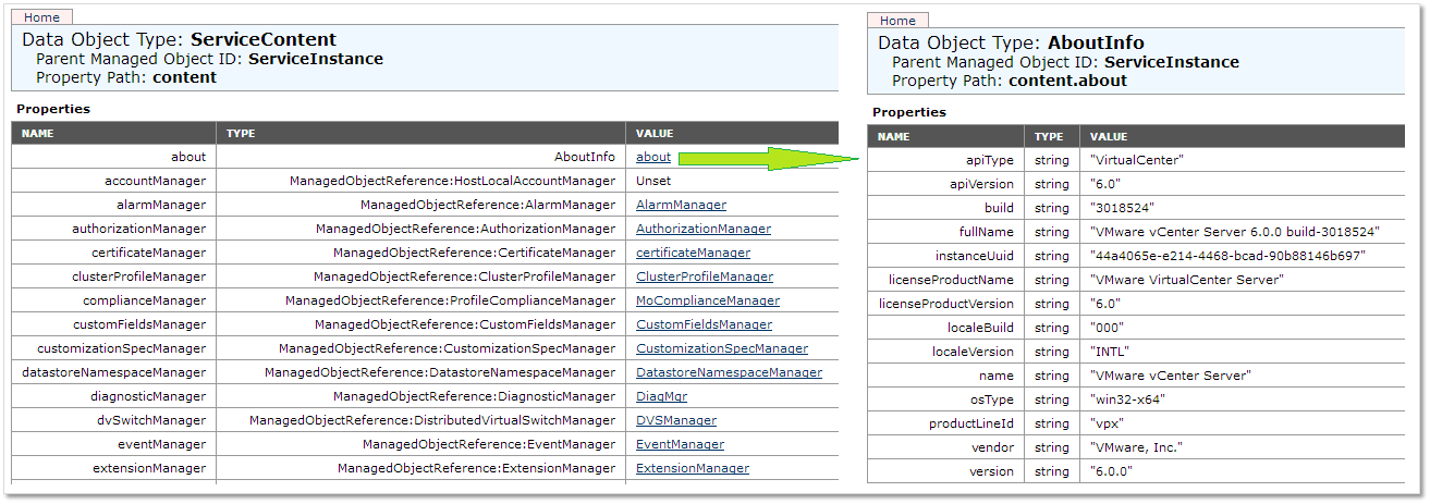 Figure 6 - Viewing the vCenter Server build and version information from MOB