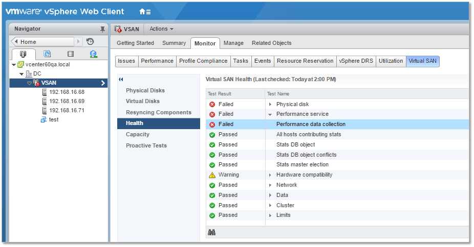 Figure 6 - vSphere Web Client - VSAN Health monitoring