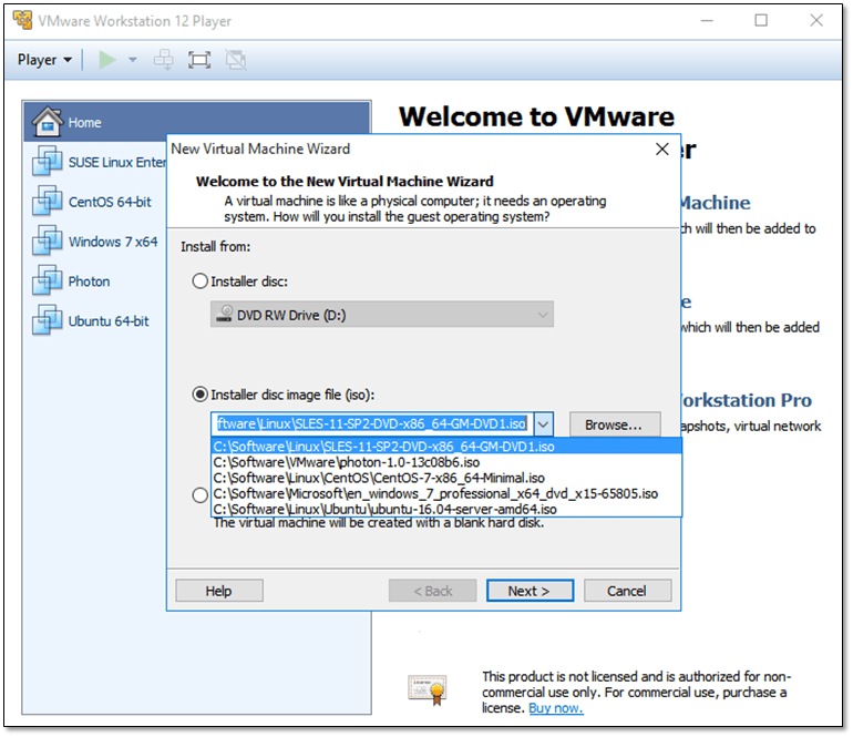 Figure 1 - Creating a new virtual machine and attaching an ISO image in VMware Player