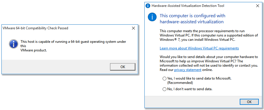Figure 10 - Verifying 64-bit VM support on Windows using VMware and MS tools
