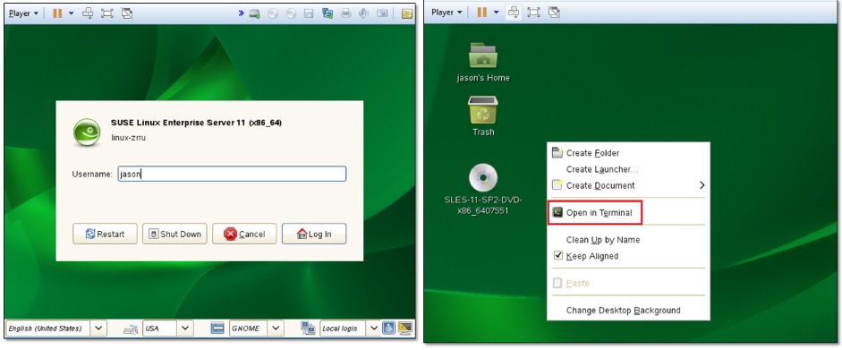 Figure 4 and 5 - Logging in SUSE and launching a terminal window
