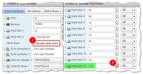 Resizing a disk in vSphere Web client