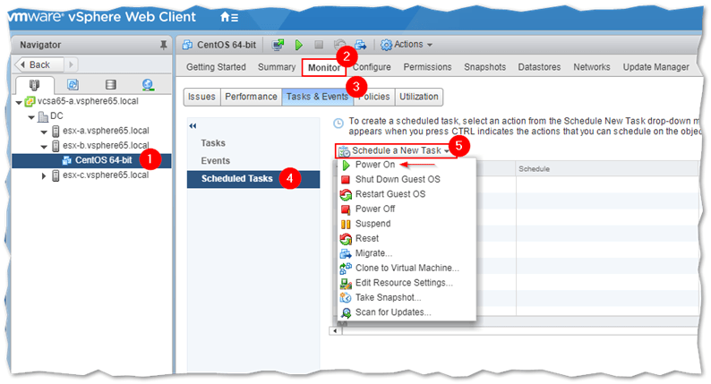 Creating a scheduled task to power on a VM on vCenter Server