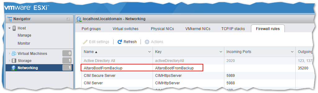 An ESXi firewall rule included in a custom ESXi image is correctly loaded and enabled