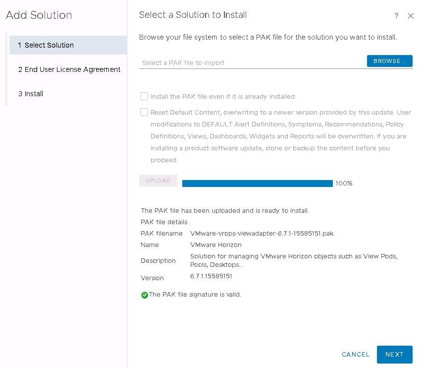 vRops Horizon file upload completed